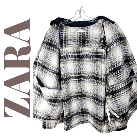 ZARA MEN’S WOOL BLEND PLAID SHACKET HOOD BEIGE BLACK WHITE, SIZE LARGE - Picture 4 of 11